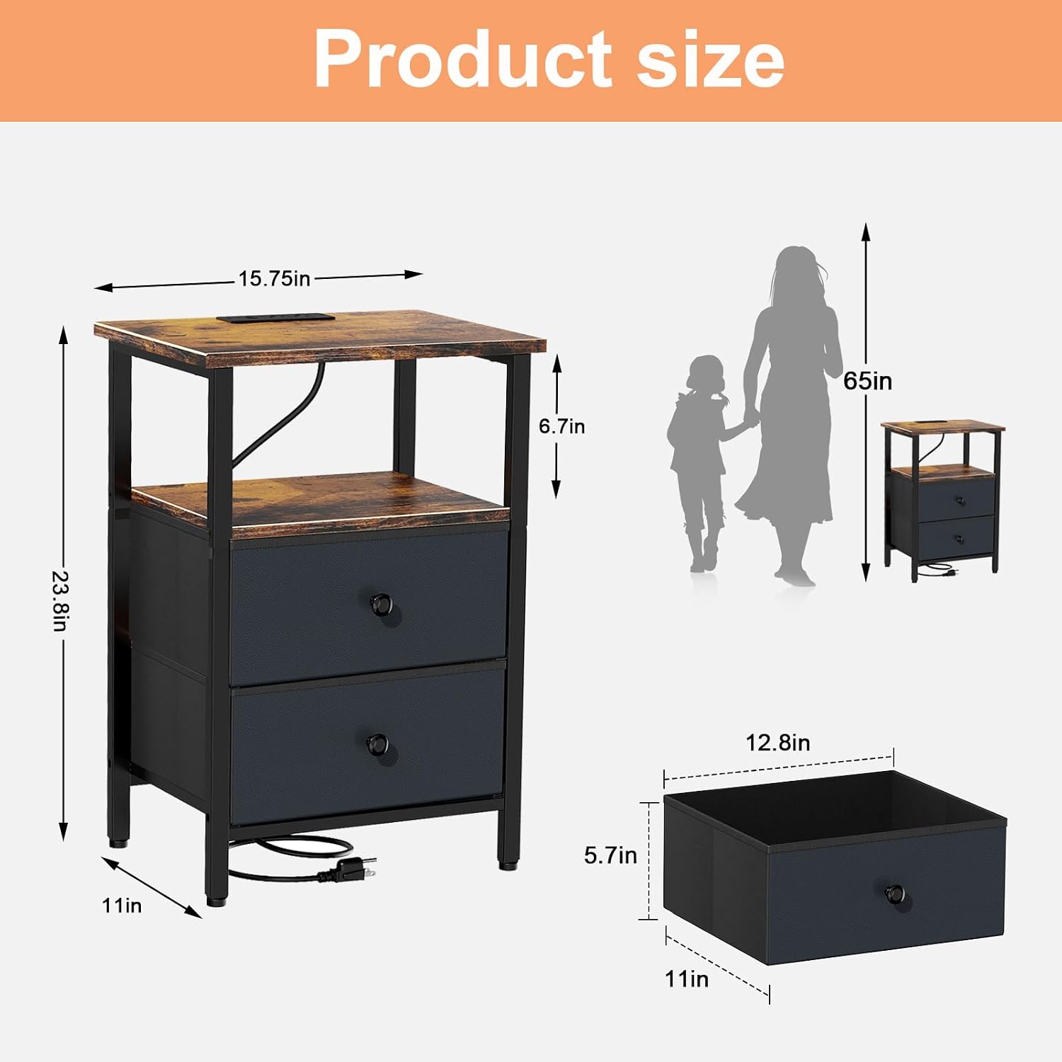 USB Charging Fabric Drawer Nightstand