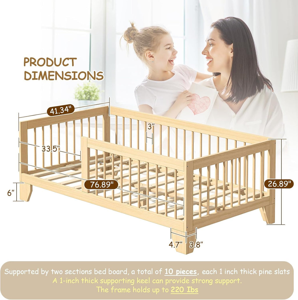 Wood Guardrail Twin Toddler Floor Bed