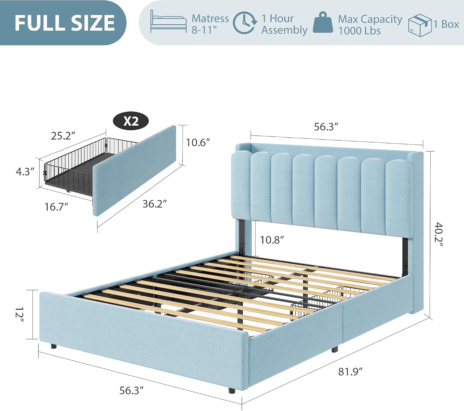 LED Upholstered Full Storage Bed