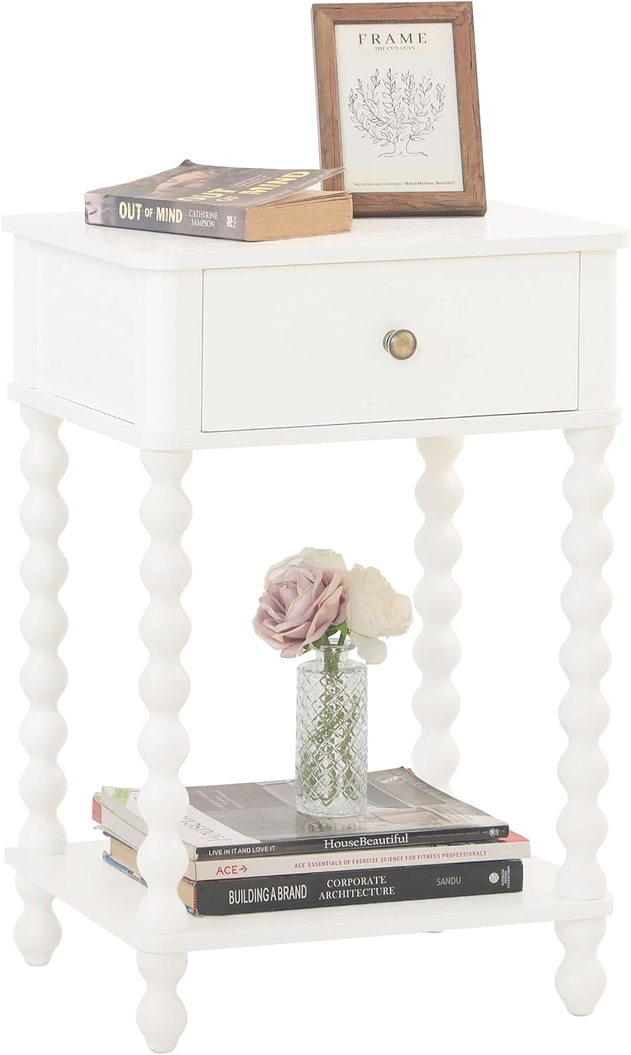 Spindle Leg White Farmhouse Nightstand