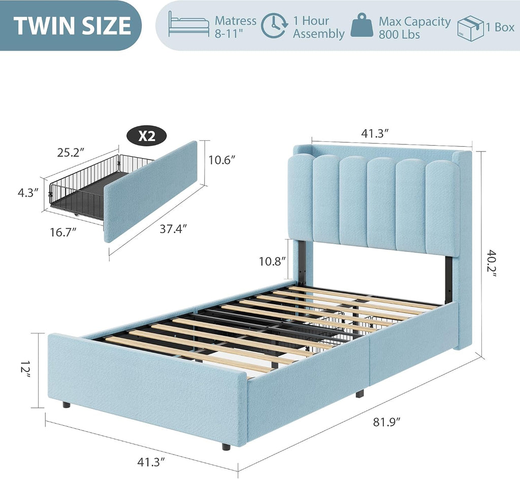 LED Boucle Twin Storage Platform Bed