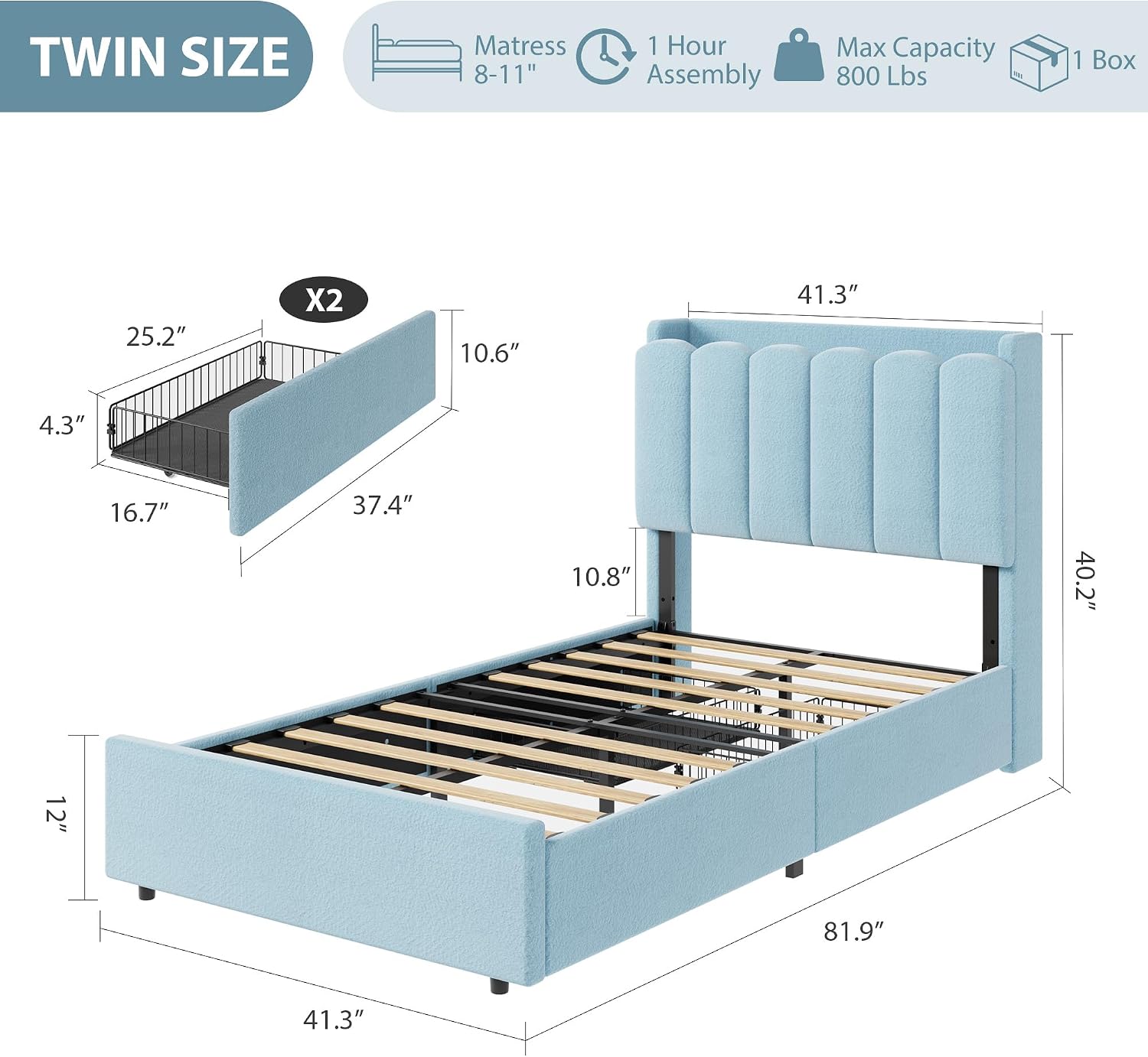 LED Boucle Twin Storage Platform Bed