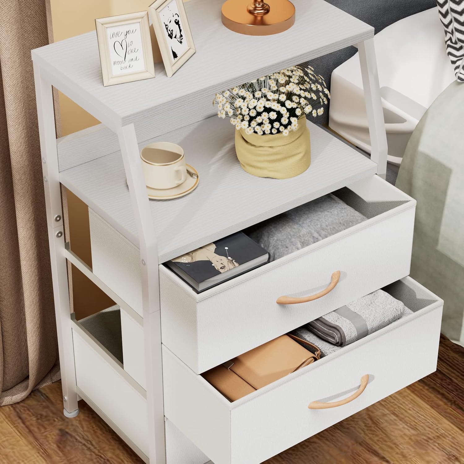 Wood Top Fabric Drawer Nightstand