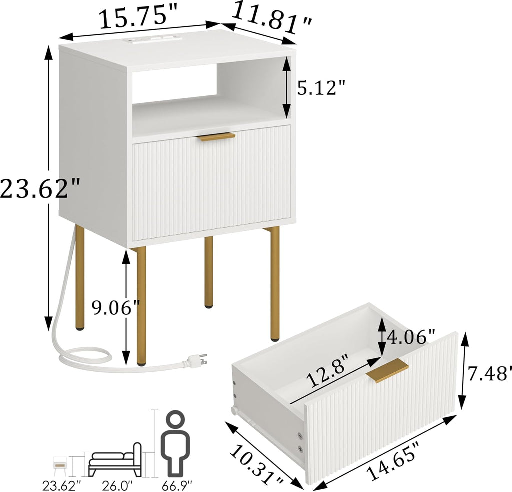 LED USB Fluted White Nightstand