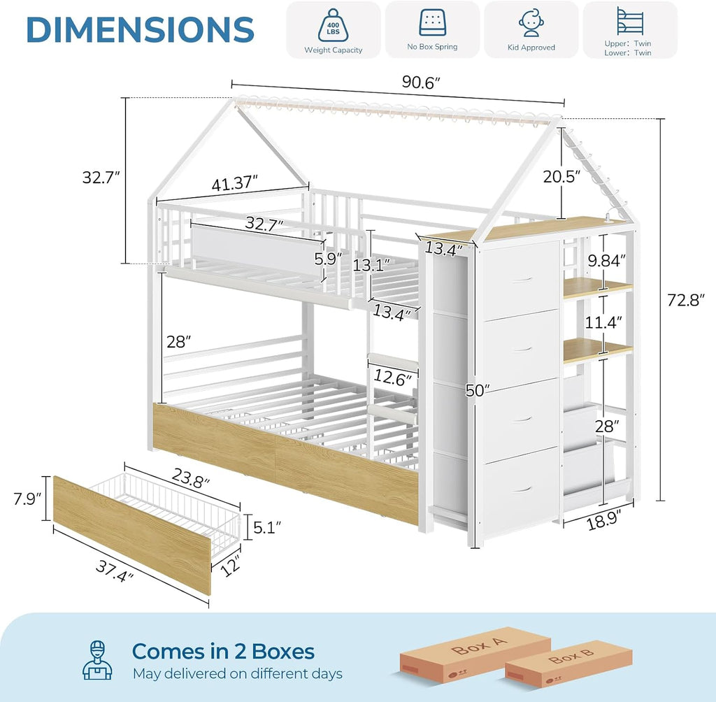 Metal House Twin Storage Bunk Bed