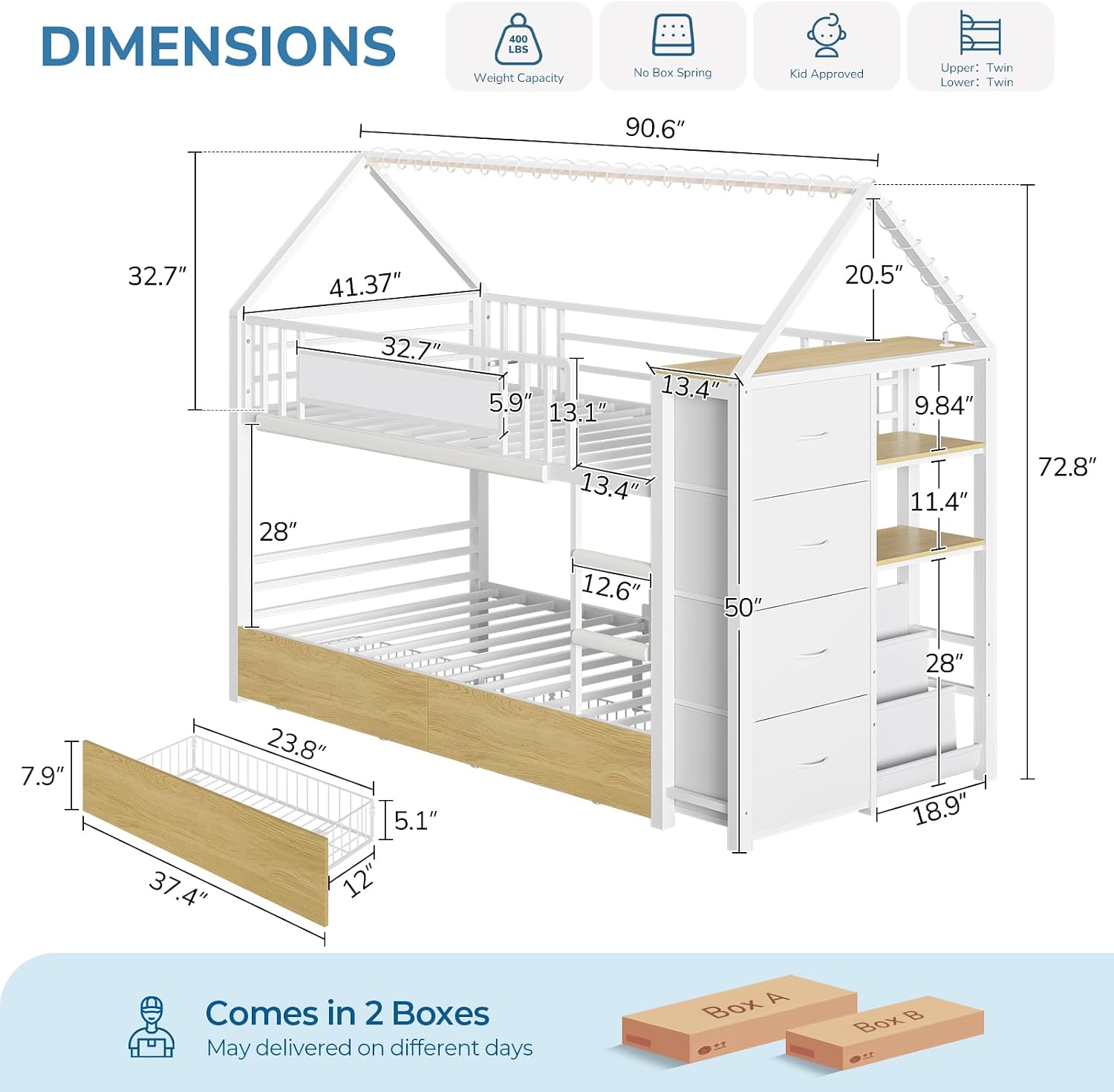 Metal House Twin Storage Bunk Bed