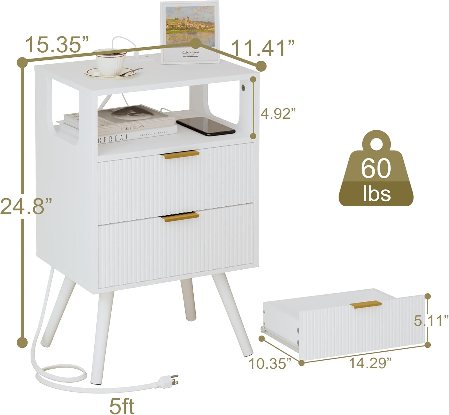 LED USB White Storage Nightstand