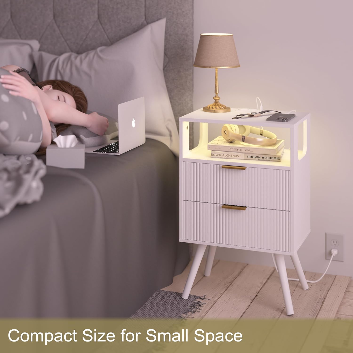LED USB White Storage Nightstand