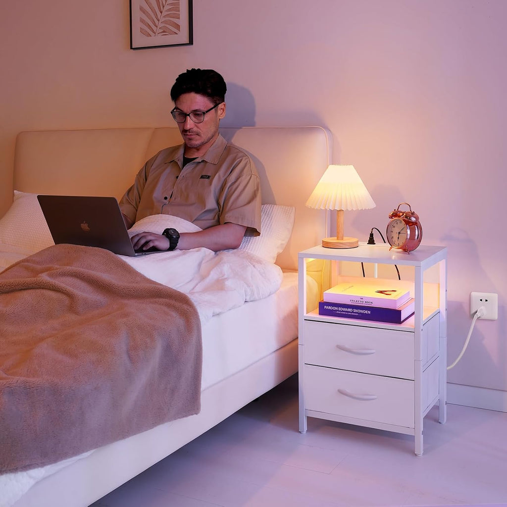 LED USB Fabric Drawer Nightstand