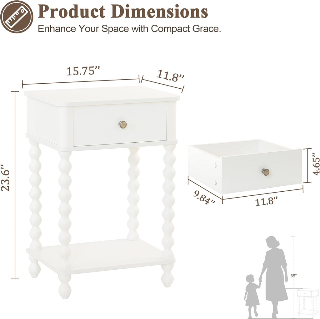 Spindle Leg White Farmhouse Nightstand