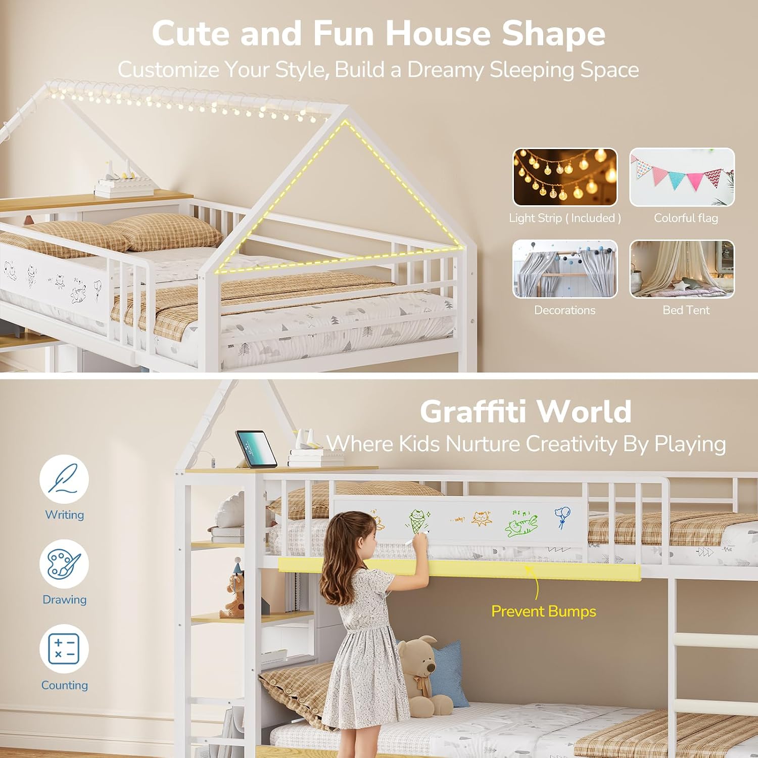 Metal House Twin Storage Bunk Bed