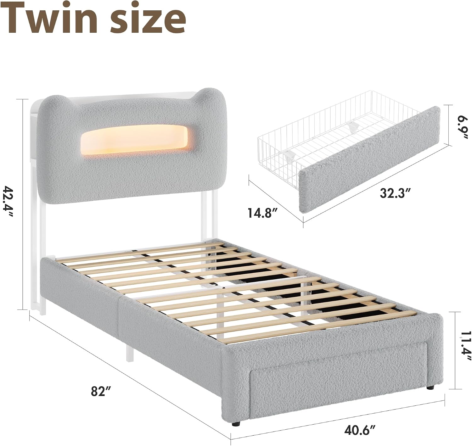 LED Upholstered Twin Storage Bed
