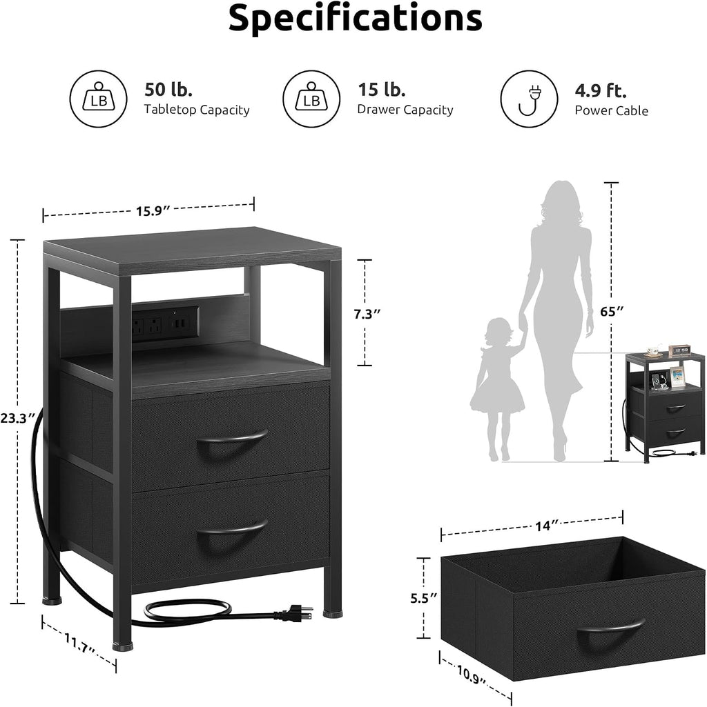 USB Fabric Drawer Black Nightstand