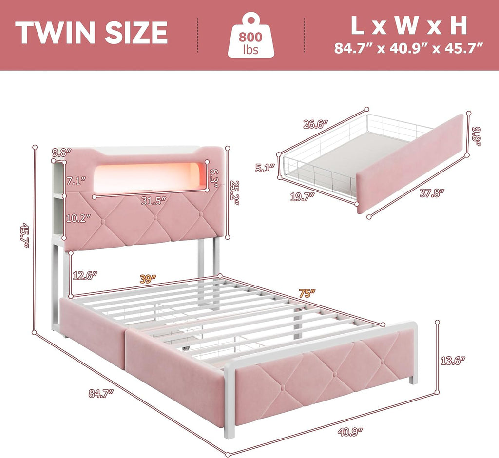 Velvet LED Twin Book Storage Bed