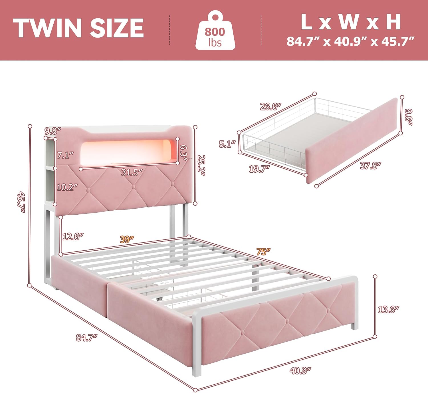 Velvet LED Twin Book Storage Bed