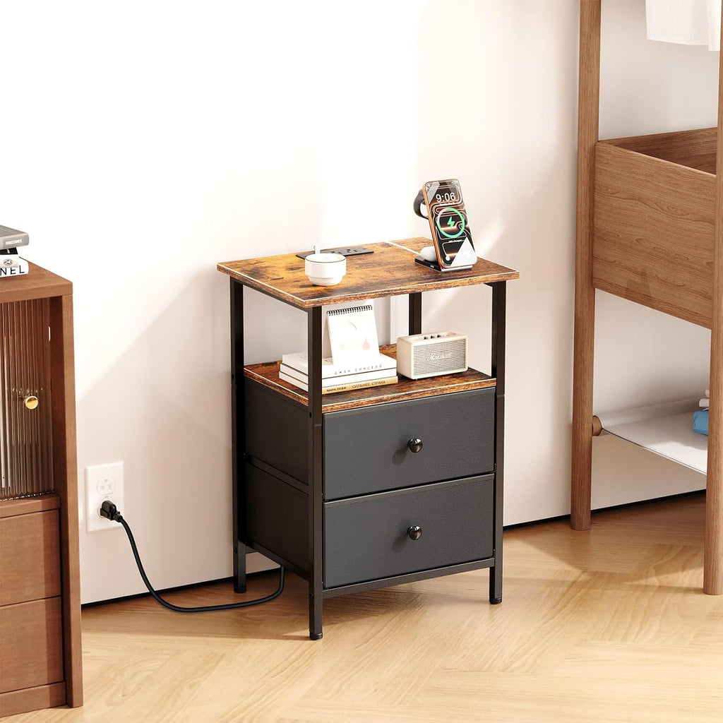 USB Charging Fabric Drawer Nightstand