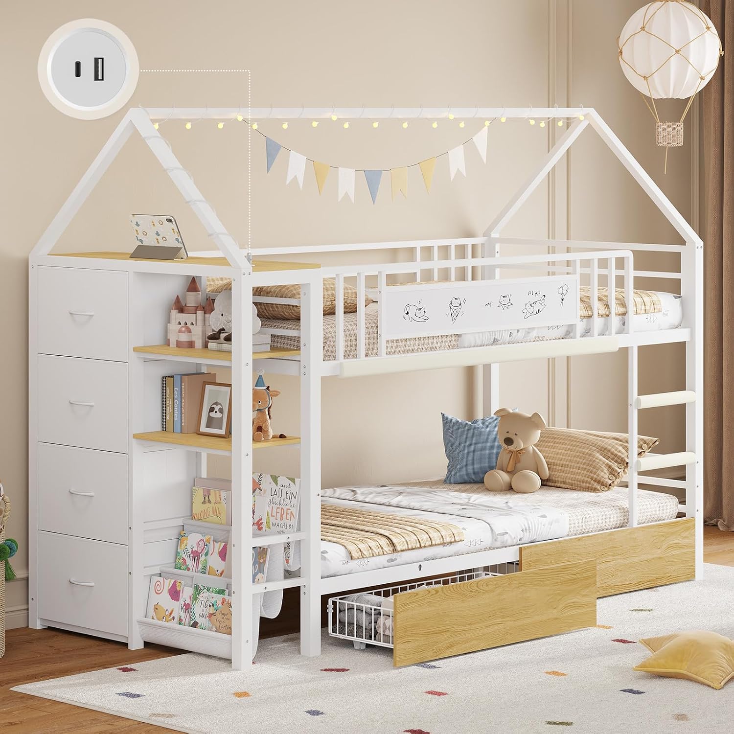 Metal House Twin Storage Bunk Bed