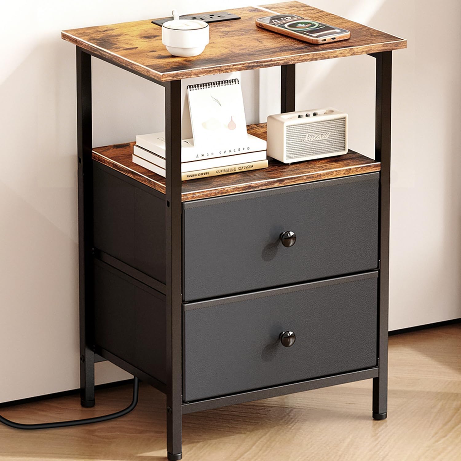 USB Charging Fabric Drawer Nightstand