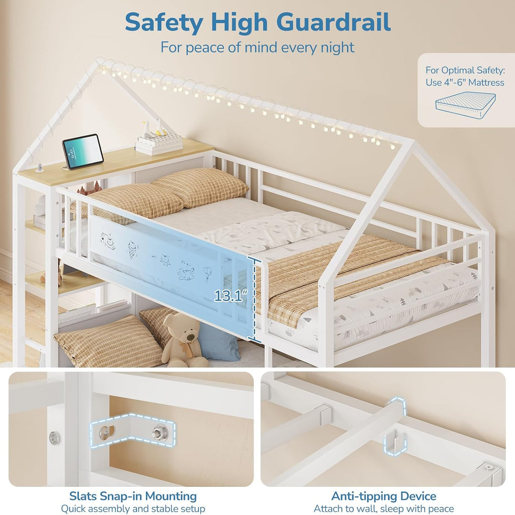 Metal House Twin Storage Bunk Bed