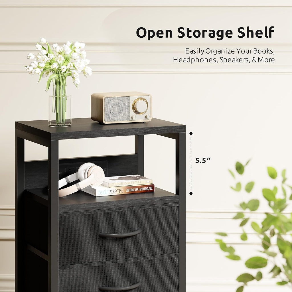 USB Fabric Drawer Black Nightstand