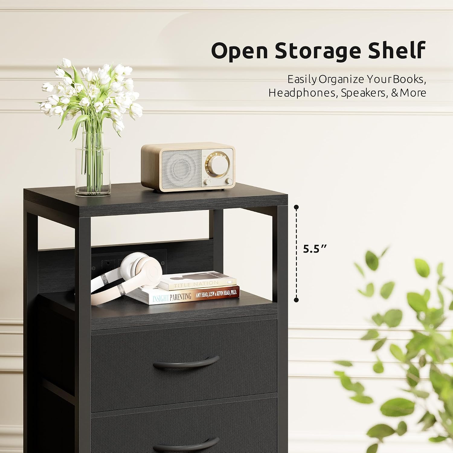 USB Fabric Drawer Black Nightstand