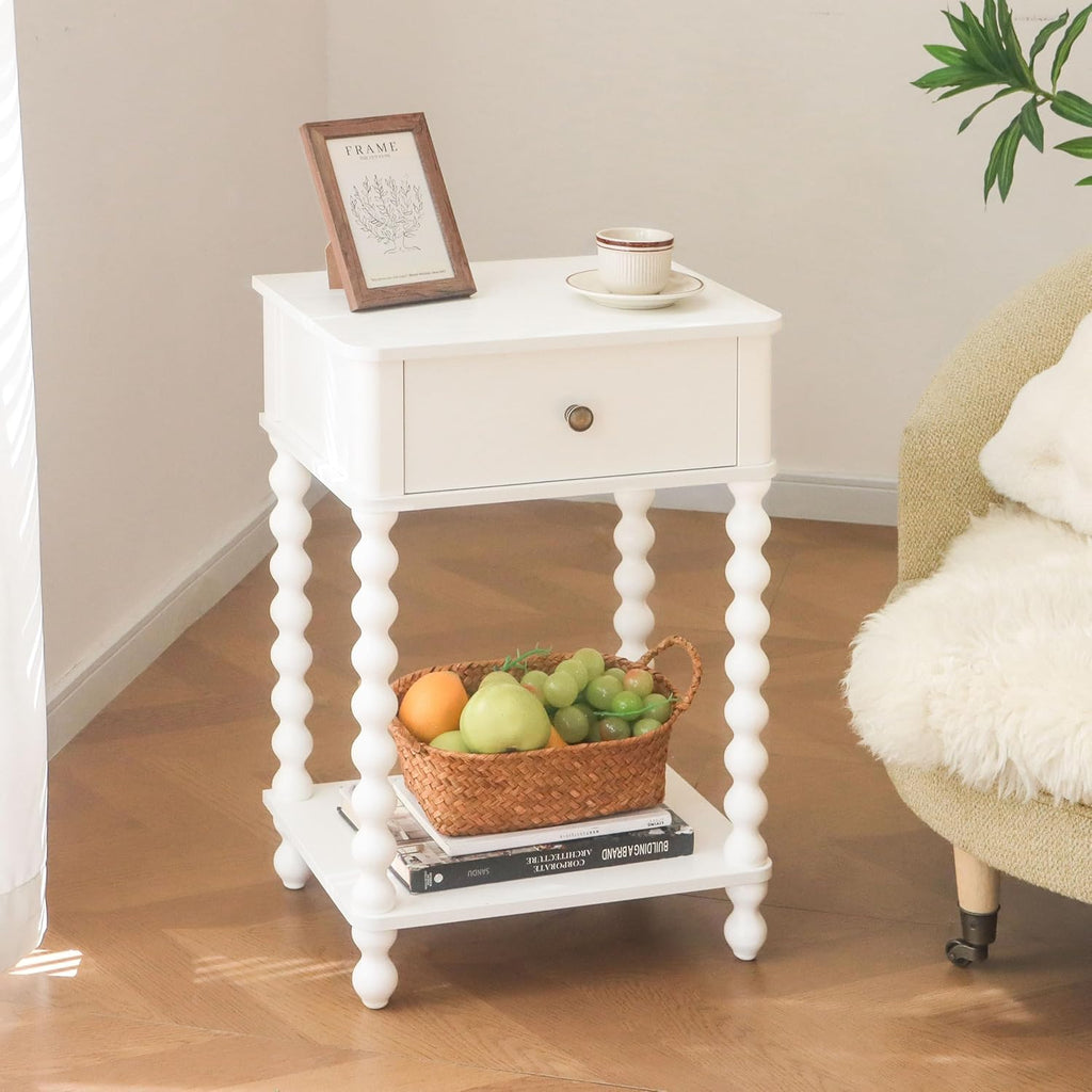 Spindle Leg White Farmhouse Nightstand