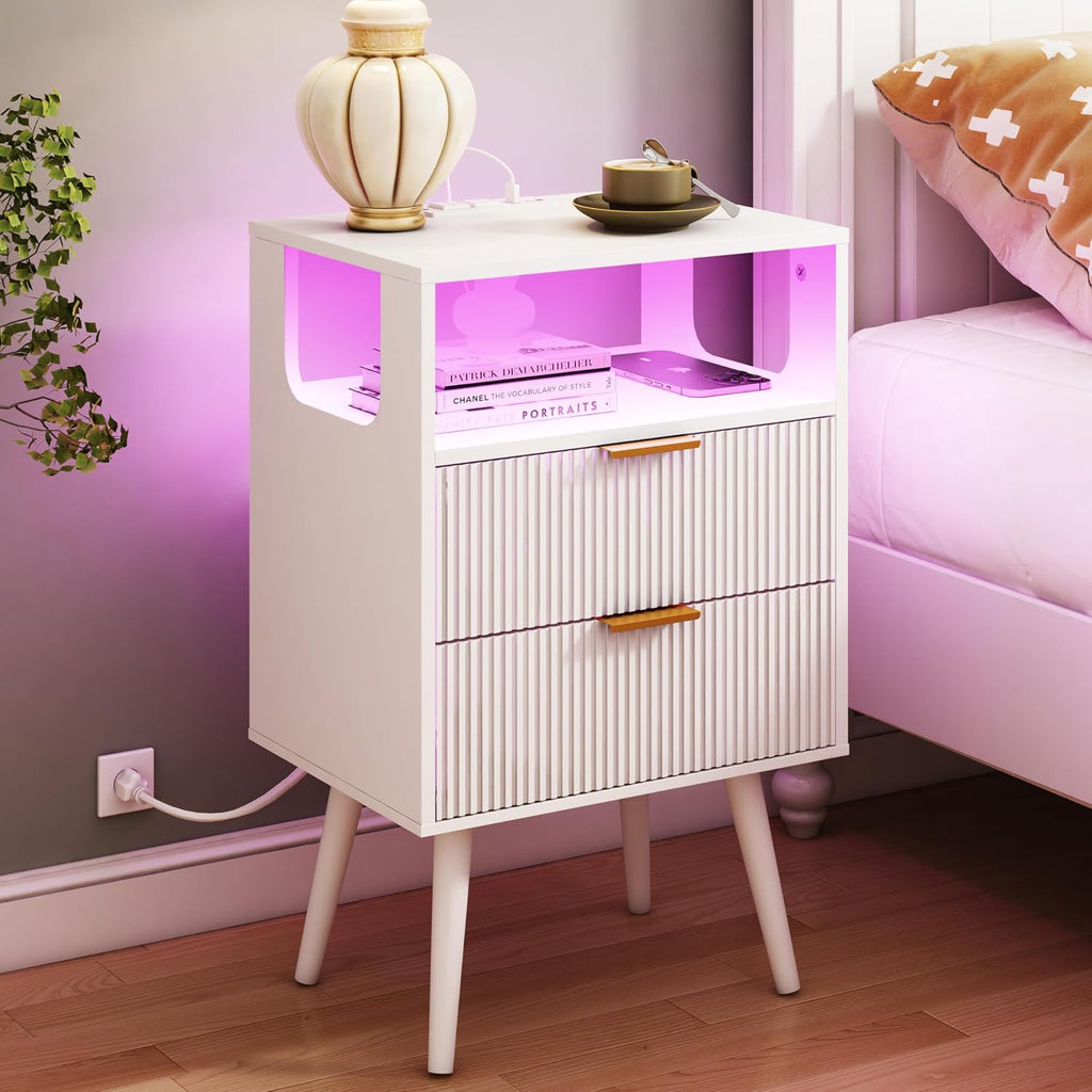 LED USB White Storage Nightstand