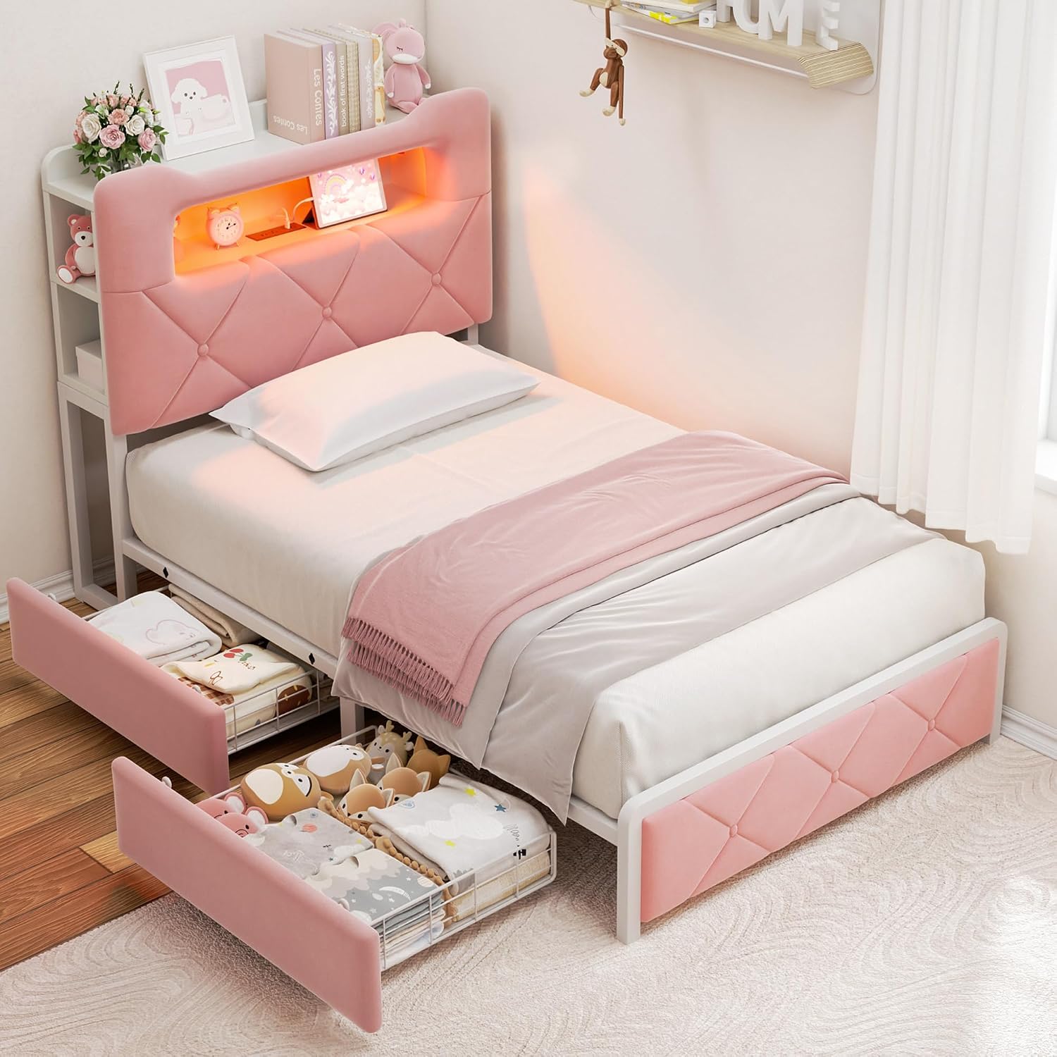 Velvet LED Twin Book Storage Bed