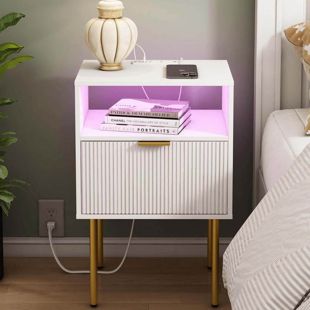 LED USB Fluted White Nightstand