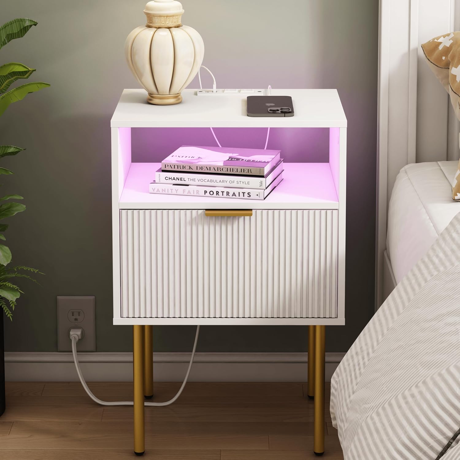 LED USB Fluted White Nightstand