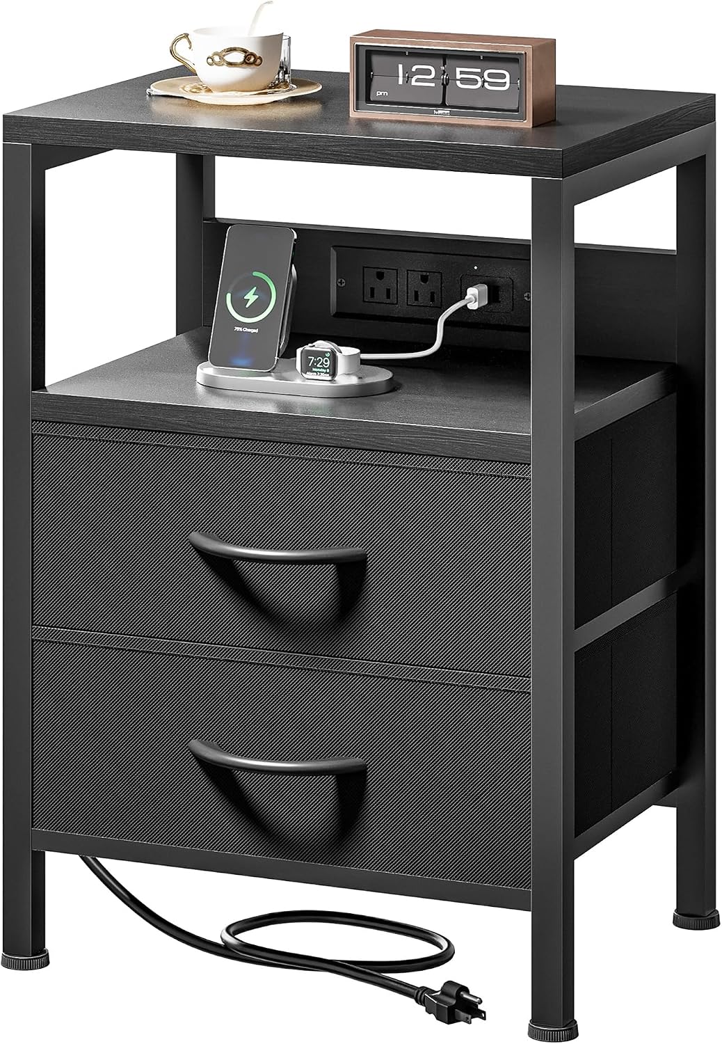 USB Fabric Drawer Black Nightstand