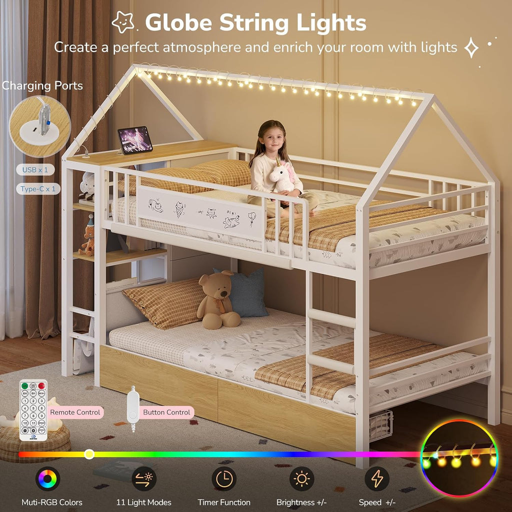 Metal House Twin Storage Bunk Bed