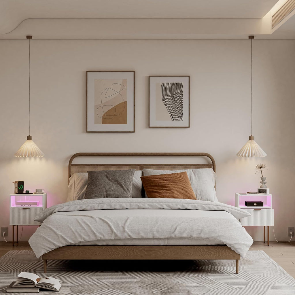LED USB Fluted White Nightstand