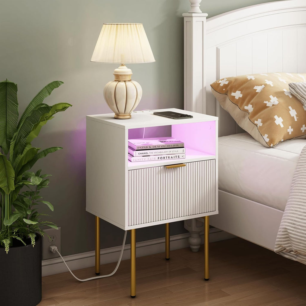 LED USB Fluted White Nightstand
