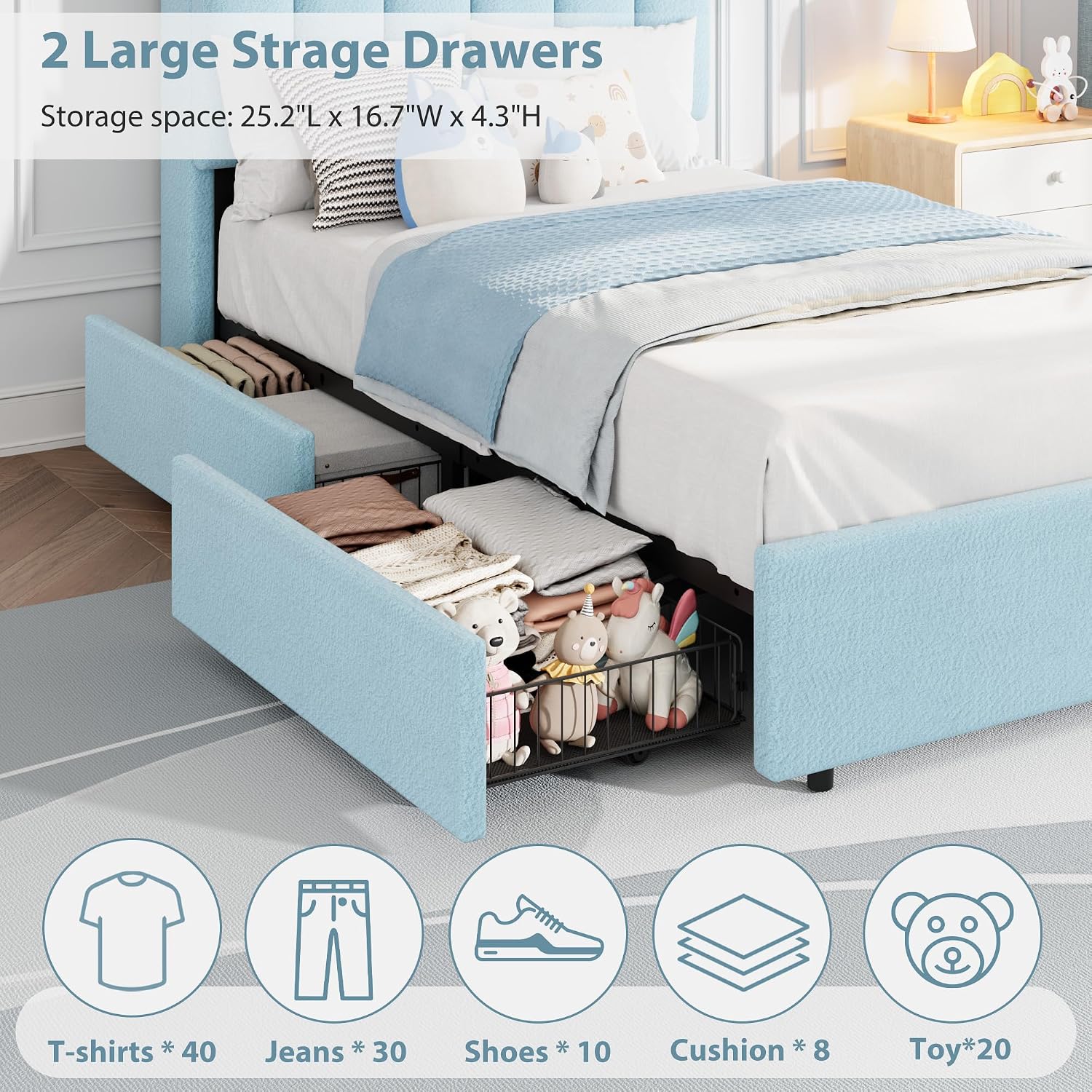 LED Boucle Twin Storage Platform Bed