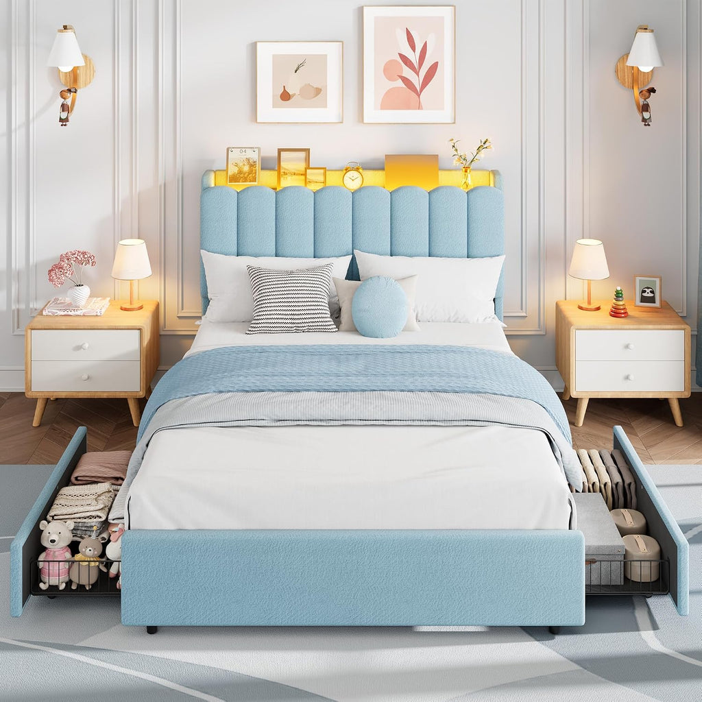 LED Upholstered Full Storage Bed