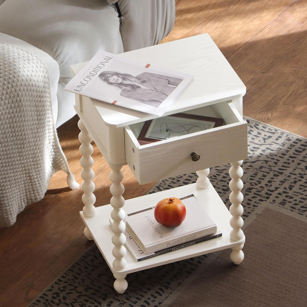 Spindle Leg White Farmhouse Nightstand