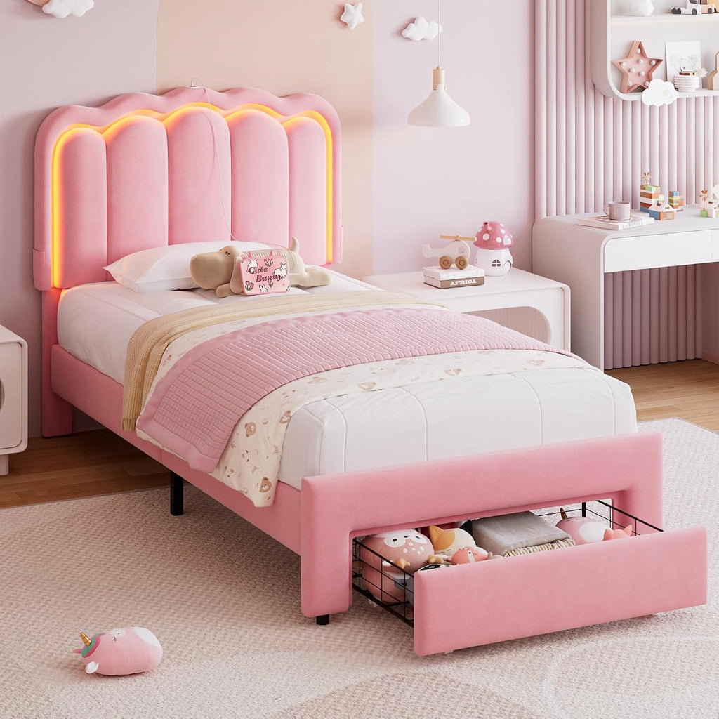 Velvet LED Twin Storage Princess Bed