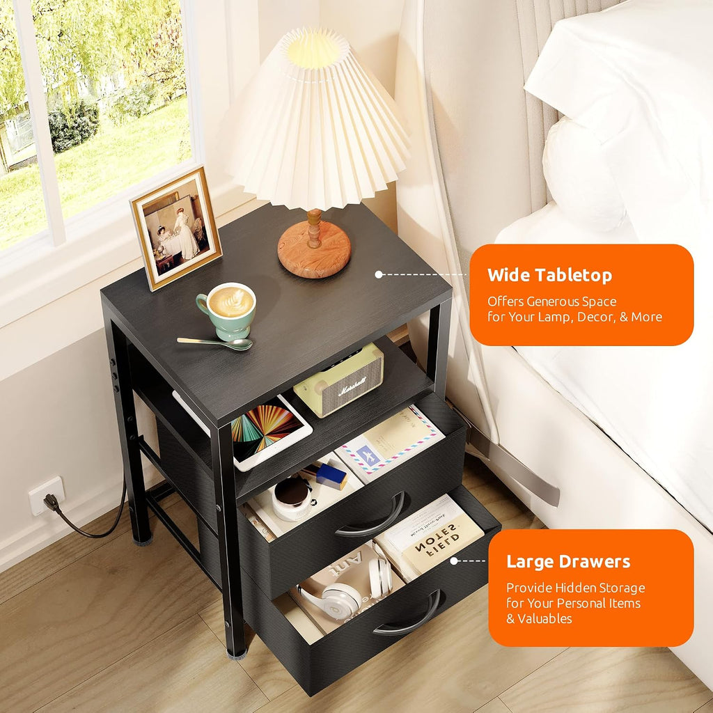USB Fabric Drawer Black Nightstand