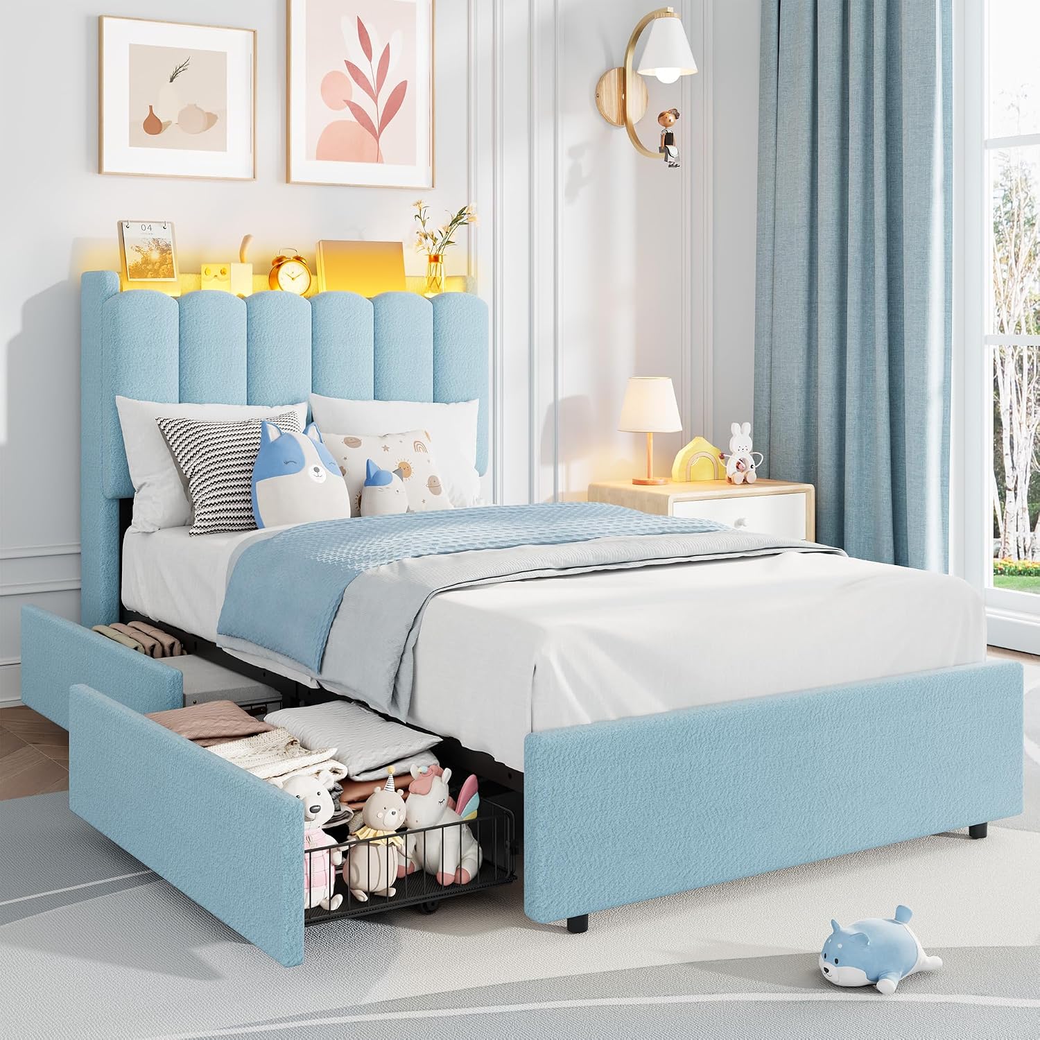 LED Boucle Twin Storage Platform Bed