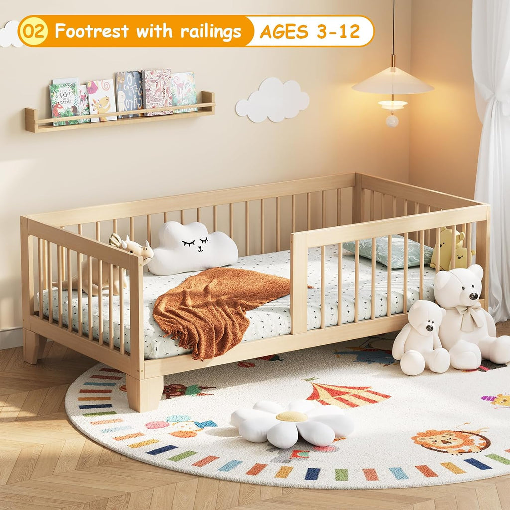 Wood Guardrail Twin Toddler Floor Bed