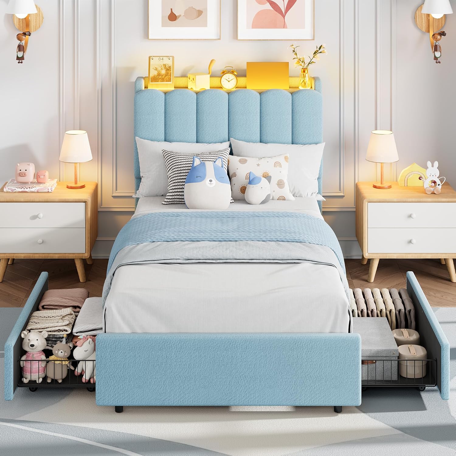 LED Boucle Twin Storage Platform Bed