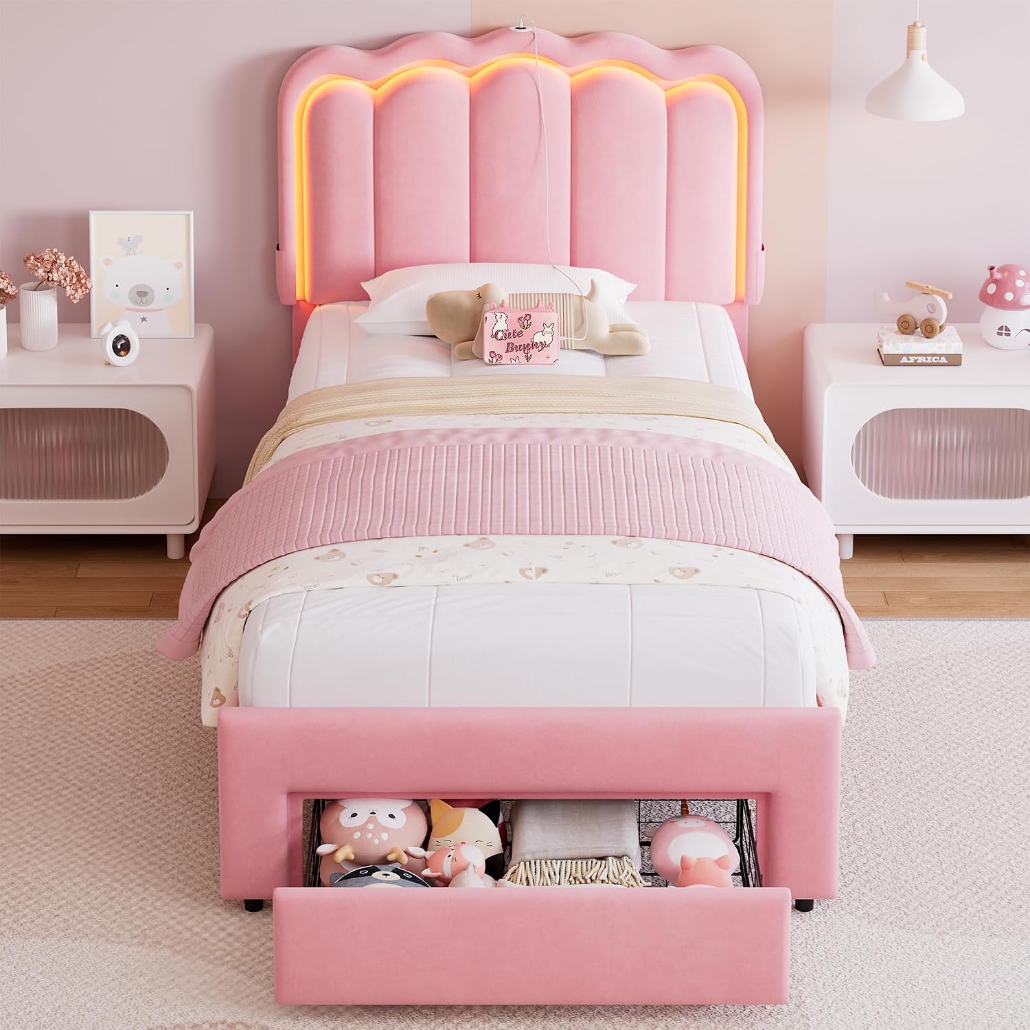 Velvet LED Twin Storage Princess Bed