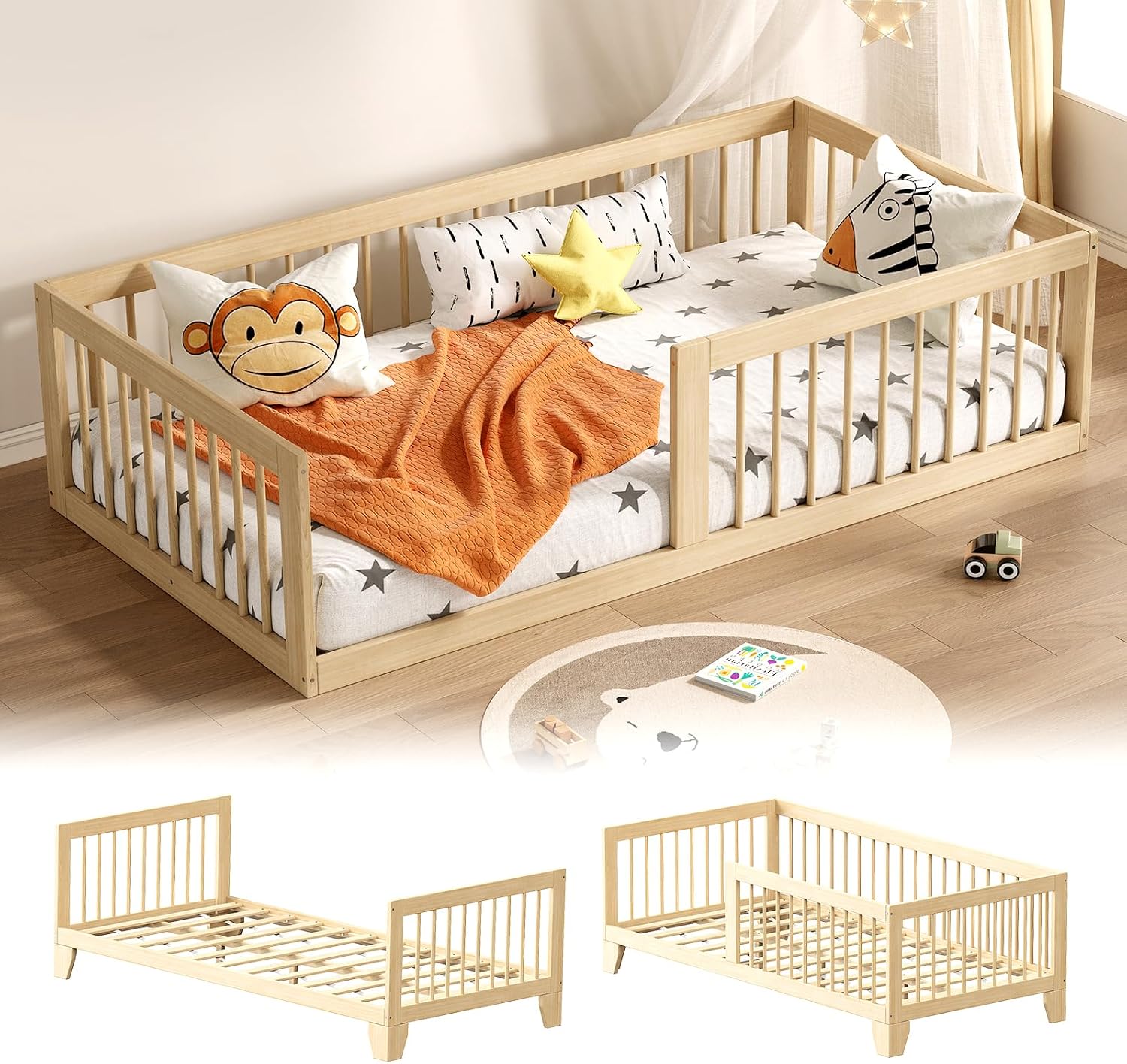 Wood Guardrail Twin Toddler Floor Bed