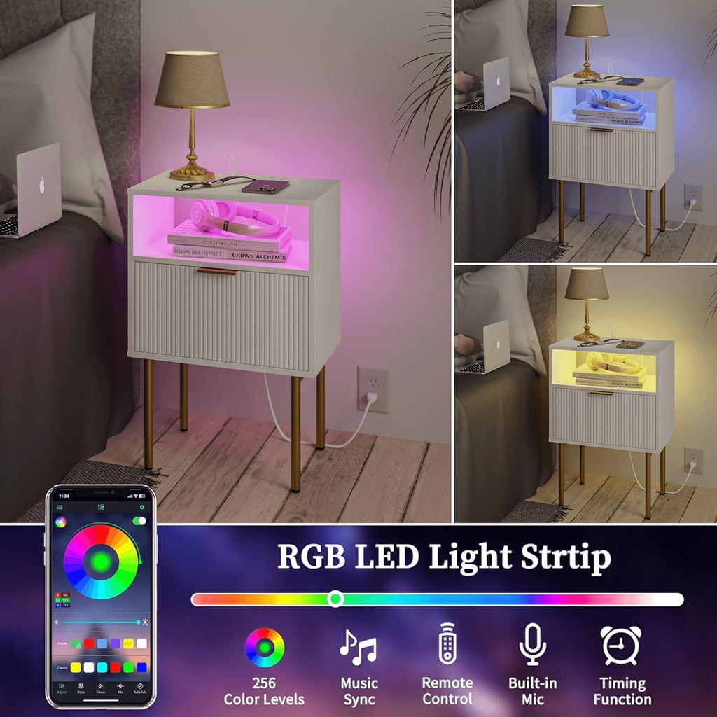 LED USB Fluted White Nightstand