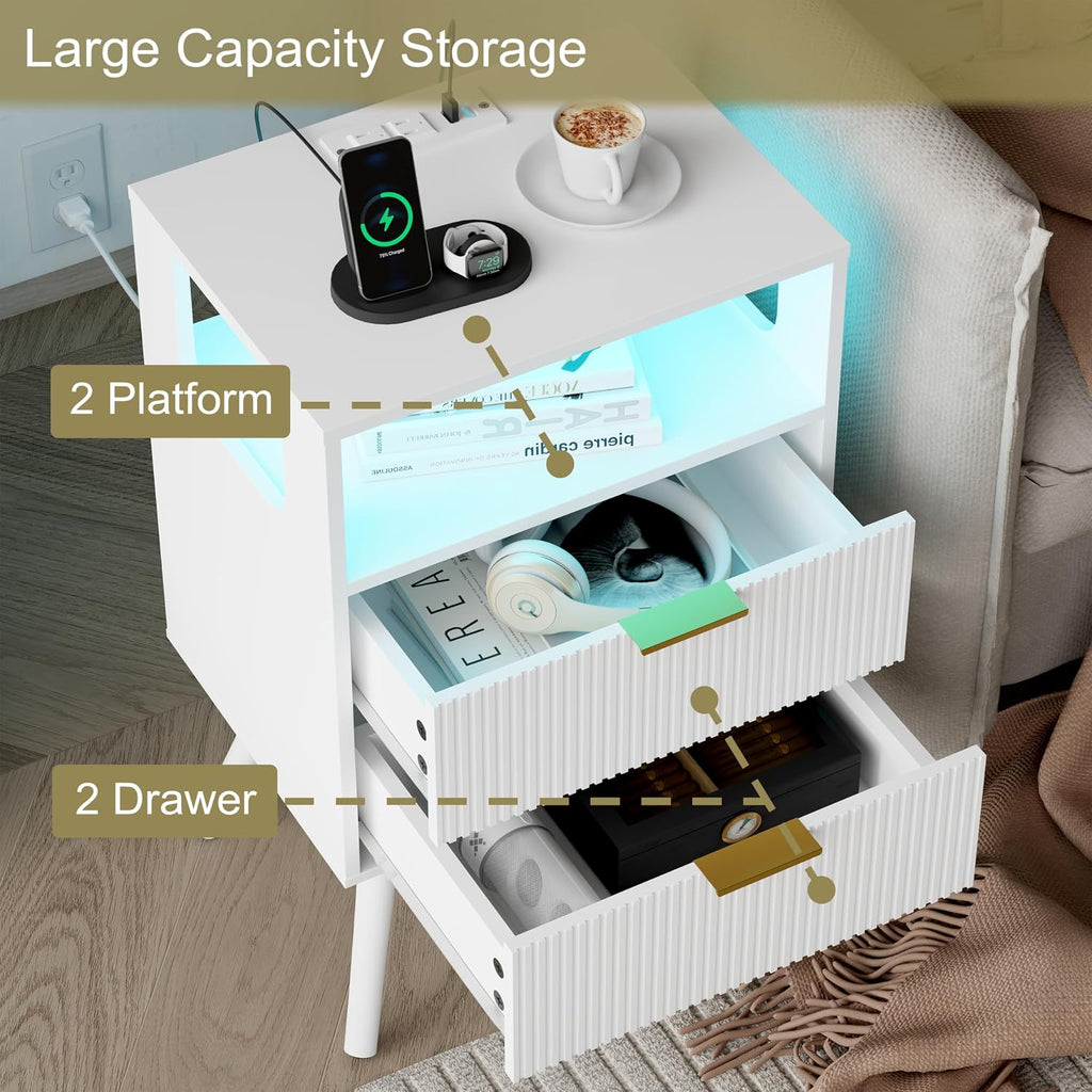 LED USB White Storage Nightstand