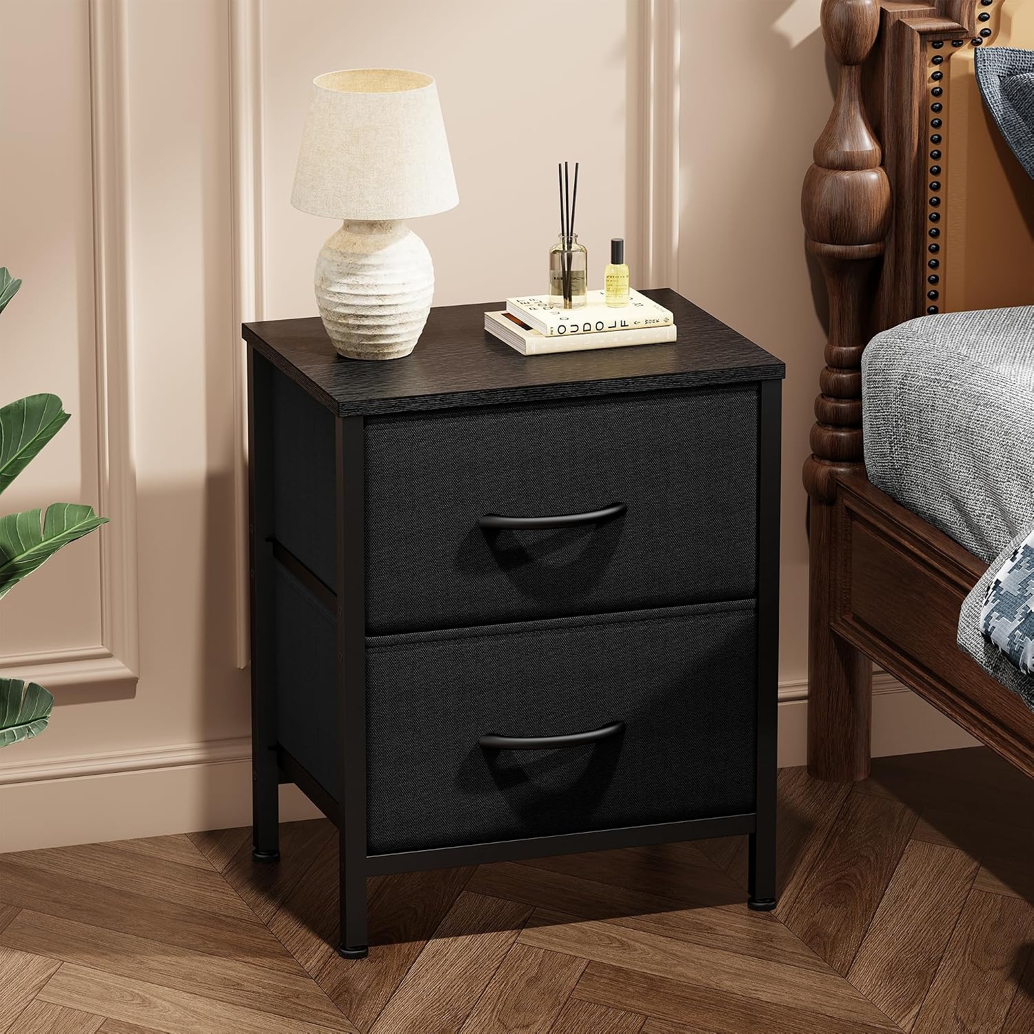 Wood Top Black Drawer Nightstand
