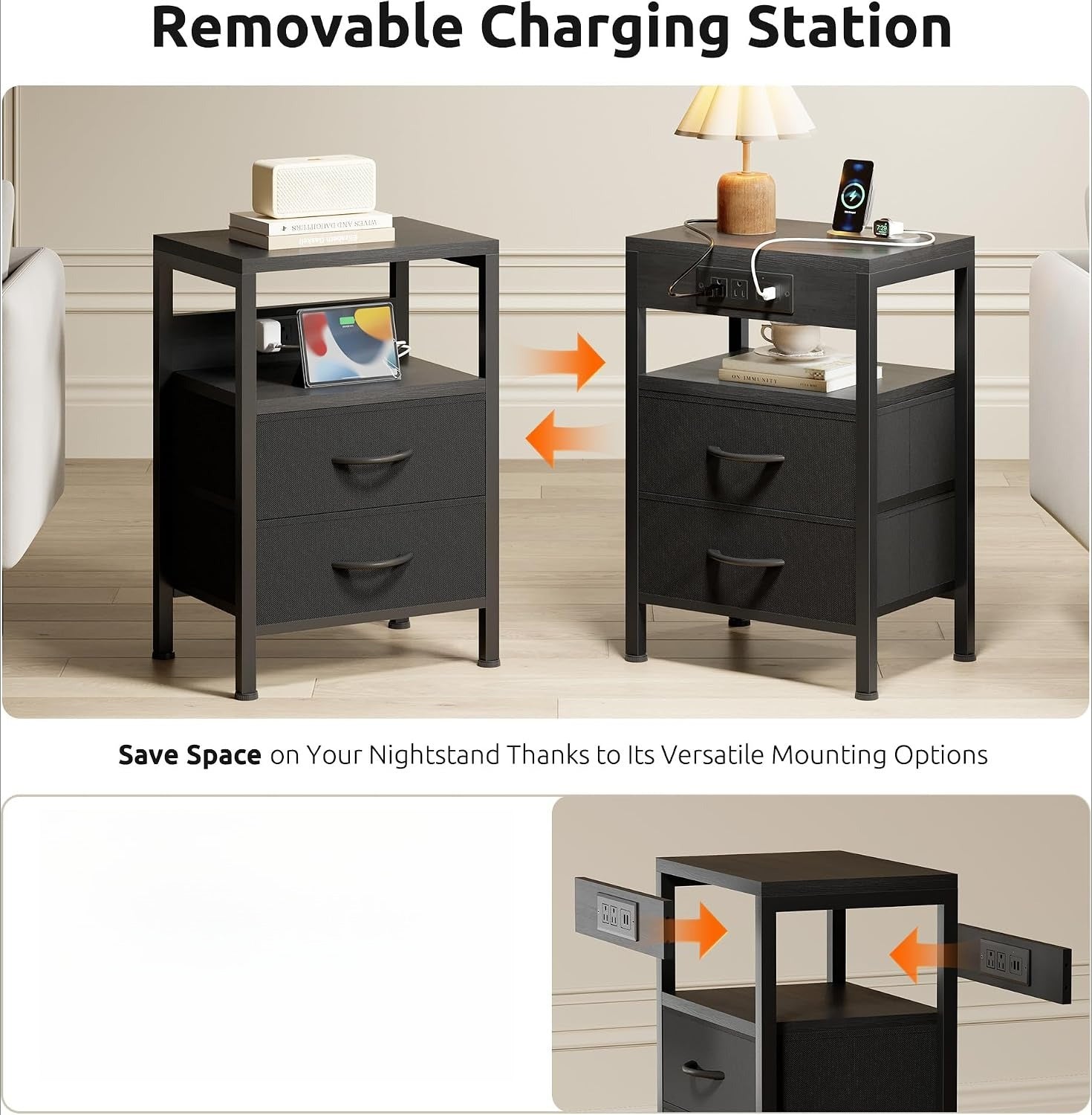 USB Fabric Drawer Black Nightstand